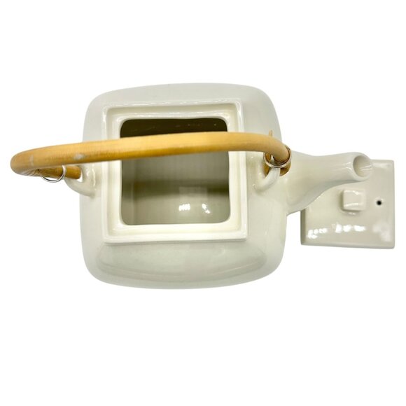 Pottery Barn Asian Square Teapot White Ceramic w Bamboo Handle Made In Japan - Picture 2 of 7